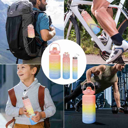 Set de 3 Botellas Almalux® Arco Iris (2L -  900ml y 300ml) Deportivas a prueba de fugas con soporte para teléfono -  sin BPA -  Motivacionales -  portátiles para camping -  bicicleta -  escuela -  coche