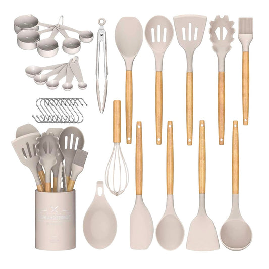 Juego de 34 utensilios de cocina Almalux® – Silicona antiadherente y resistente al calor con mango de madera y soporte - Crema