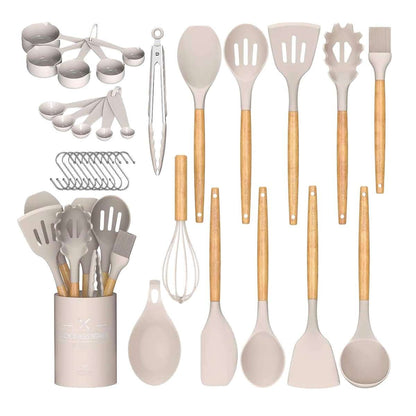 Juego de 34 utensilios de cocina Almalux® – Silicona antiadherente y resistente al calor con mango de madera y soporte - Crema