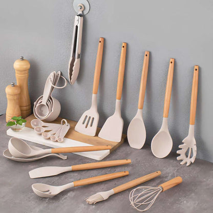 Juego de 34 utensilios de cocina Almalux® – Silicona antiadherente y resistente al calor con mango de madera y soporte - Crema