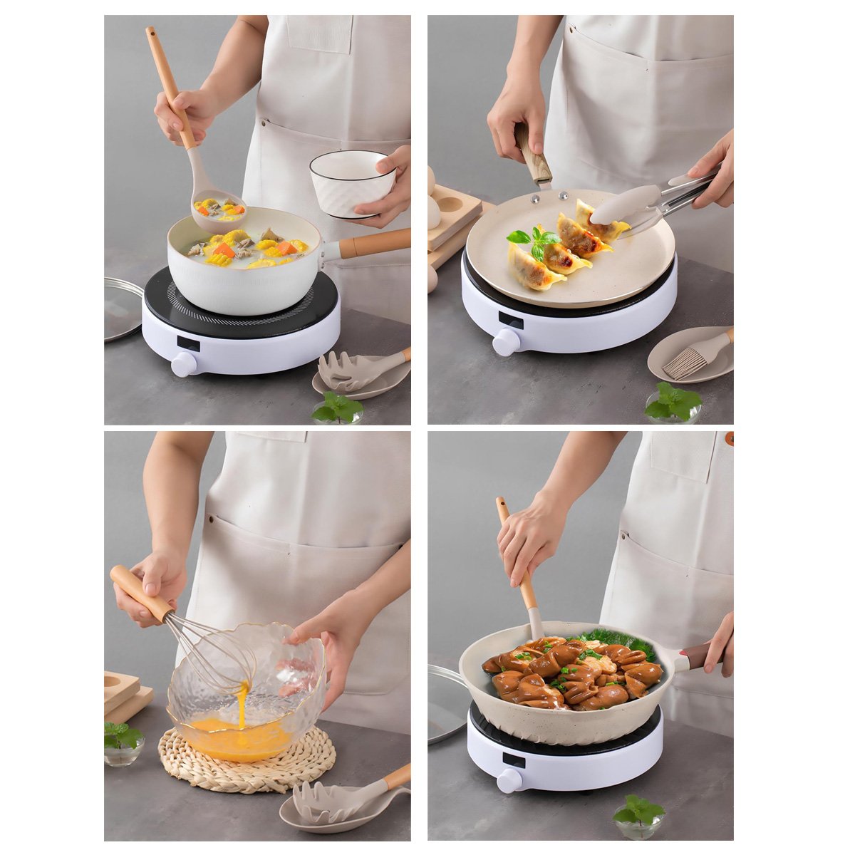 Juego de 34 utensilios de cocina Almalux® – Silicona antiadherente y resistente al calor con mango de madera y soporte - Crema
