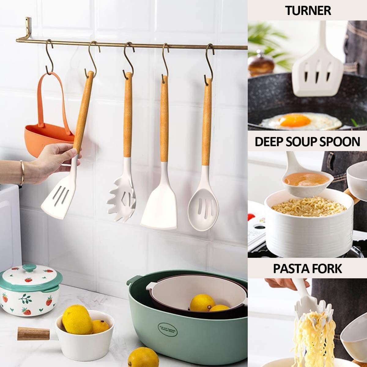 Juego de 34 utensilios de cocina Almalux® – Silicona antiadherente y resistente al calor con mango de madera y soporte - Crema