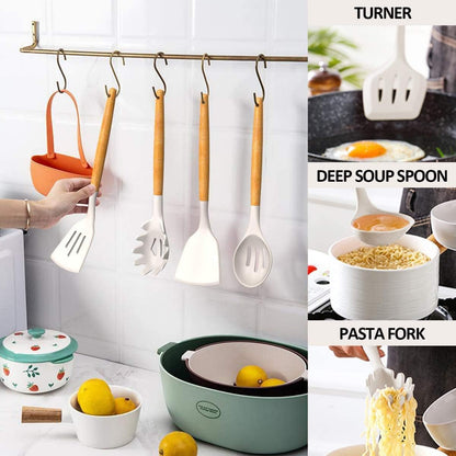 Juego de 34 utensilios de cocina Almalux® – Silicona antiadherente y resistente al calor con mango de madera y soporte - Crema