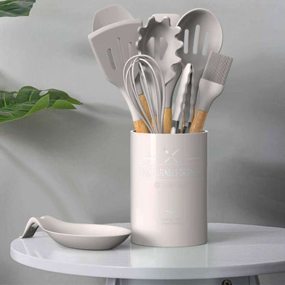 Juego de 34 utensilios de cocina Almalux® – Silicona antiadherente y resistente al calor con mango de madera y soporte - Crema