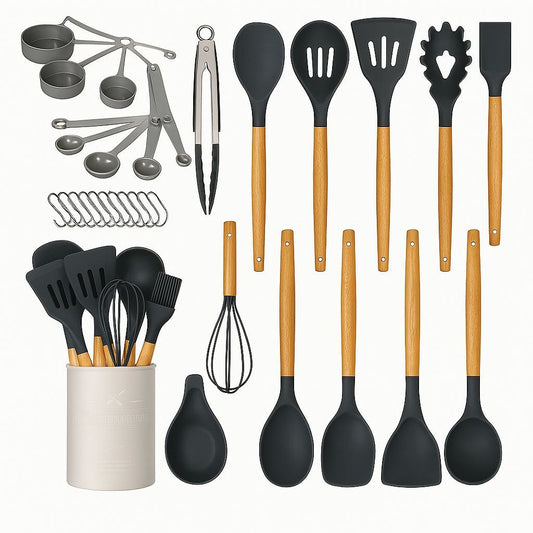 Juego de 34 utensilios de cocina Almalux® – Silicona antiadherente y resistente al calor con mango de madera y soporte - Negro/Gris