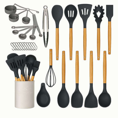 Juego de 34 utensilios de cocina Almalux® – Silicona antiadherente y resistente al calor con mango de madera y soporte - Negro/Gris