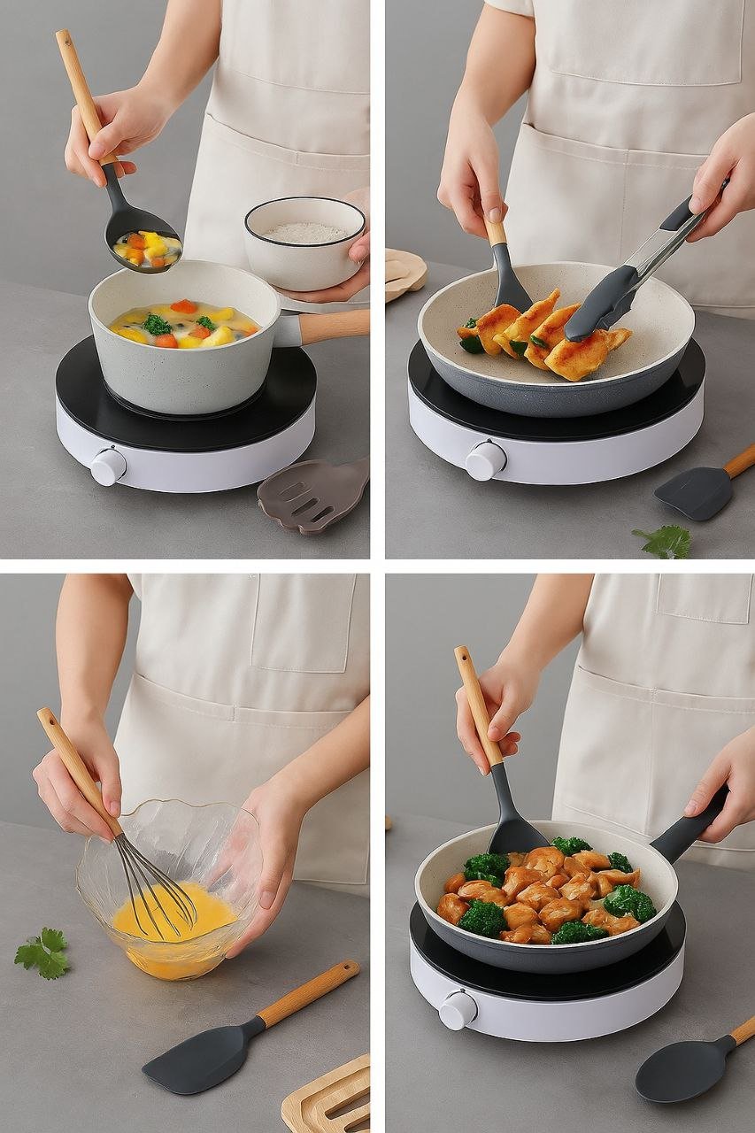 Juego de 34 utensilios de cocina Almalux® – Silicona antiadherente y resistente al calor con mango de madera y soporte - Negro/Gris