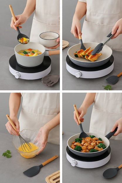 Juego de 34 utensilios de cocina Almalux® – Silicona antiadherente y resistente al calor con mango de madera y soporte - Negro/Gris