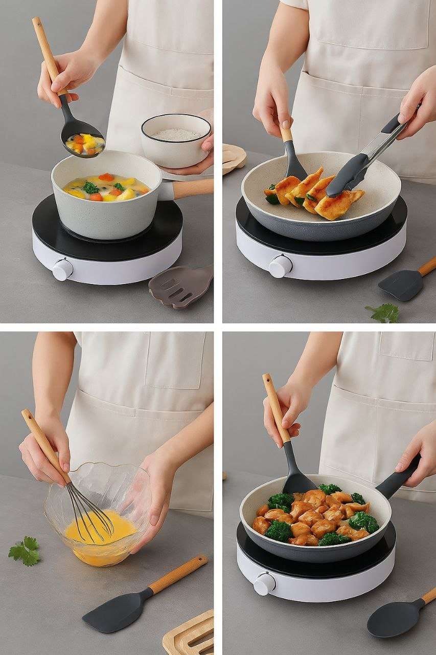 Juego de 34 utensilios de cocina Almalux® – Silicona antiadherente y resistente al calor con mango de madera y soporte - Negro/Gris