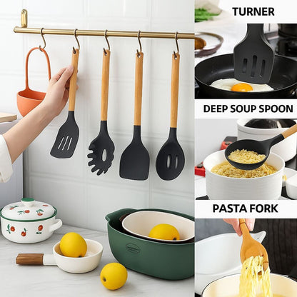 Juego de 34 utensilios de cocina Almalux® – Silicona antiadherente y resistente al calor con mango de madera y soporte - Negro/Gris