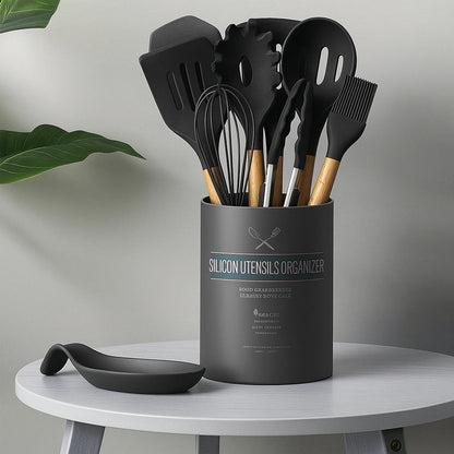 Juego de 34 utensilios de cocina Almalux® – Silicona antiadherente y resistente al calor con mango de madera y soporte - Negro/Gris