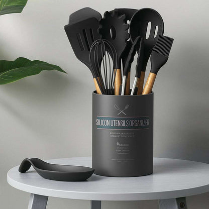 Juego de 34 utensilios de cocina Almalux® – Silicona antiadherente y resistente al calor con mango de madera y soporte - Negro/Gris