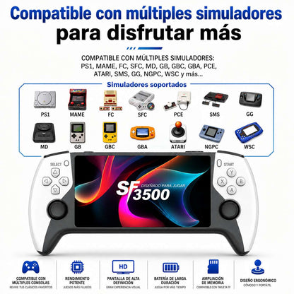 Consola Retro Almalux® Portátil SF3500 con Pantalla IPS 5”, Salida HDMI 1080P, Emuladores, Joysticks Analógicos, Altavoces y Memoria TF Ampliable