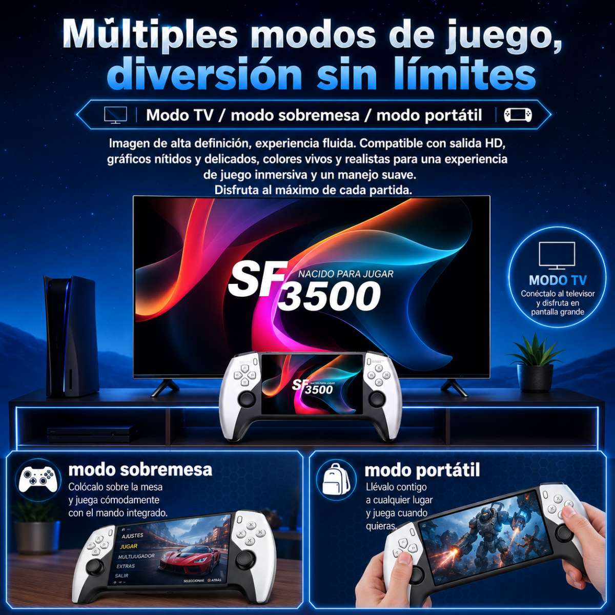 Consola Retro Almalux® Portátil SF3500 con Pantalla IPS 5”, Salida HDMI 1080P, Emuladores, Joysticks Analógicos, Altavoces y Memoria TF Ampliable
