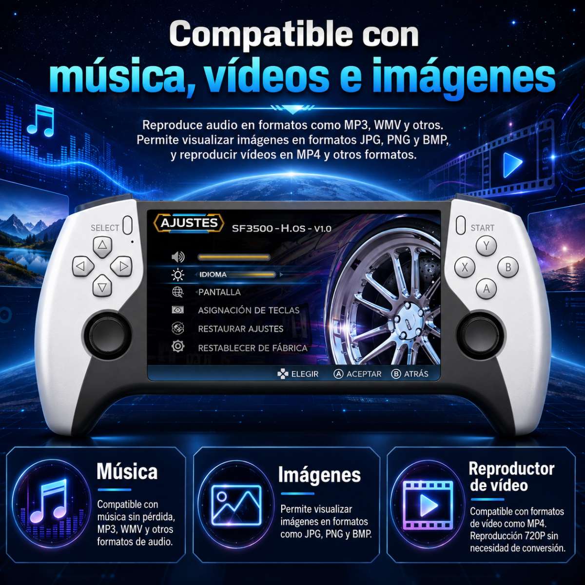Consola Retro Almalux® Portátil SF3500 con Pantalla IPS 5”, Salida HDMI 1080P, Emuladores, Joysticks Analógicos, Altavoces y Memoria TF Ampliable