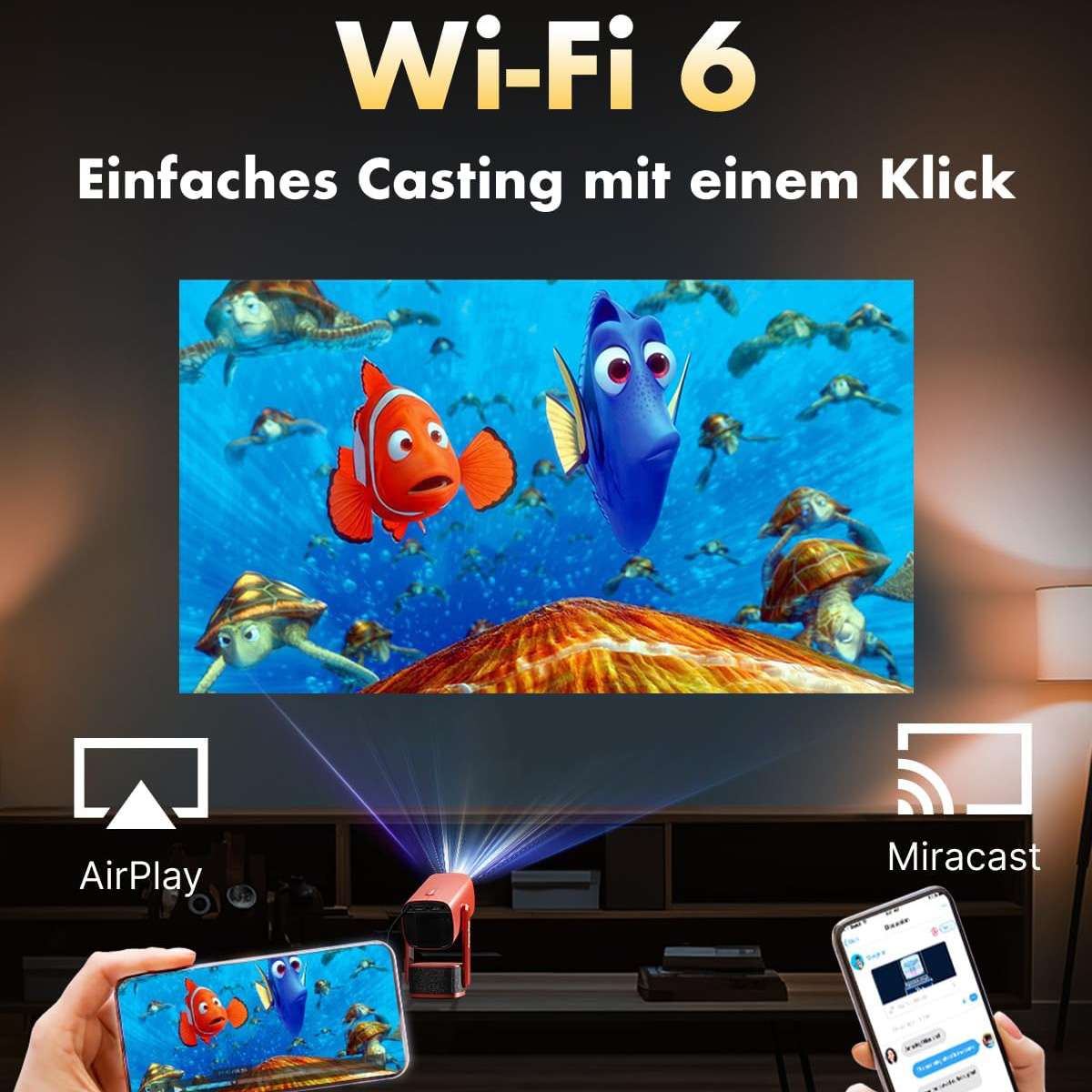 Proyector Portátil Almalux® SkyEcho FreeONE 4K con Android, WiFi 6, Corrección automática, Auto Foco y Soporte Giratorio 270°
