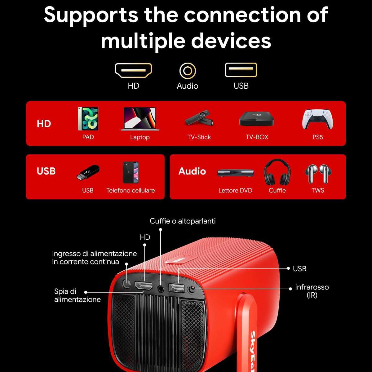 Proyector Portátil Almalux® SkyEcho FreeONE 4K con Android, WiFi 6, Corrección automática, Auto Foco y Soporte Giratorio 270°