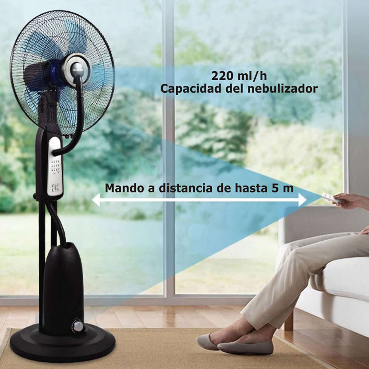 Ventilador Almalux® con Nebulizador y Mando a Distancia 90W, Ø40 cm, 120 cm, Oscilante y Temporizador