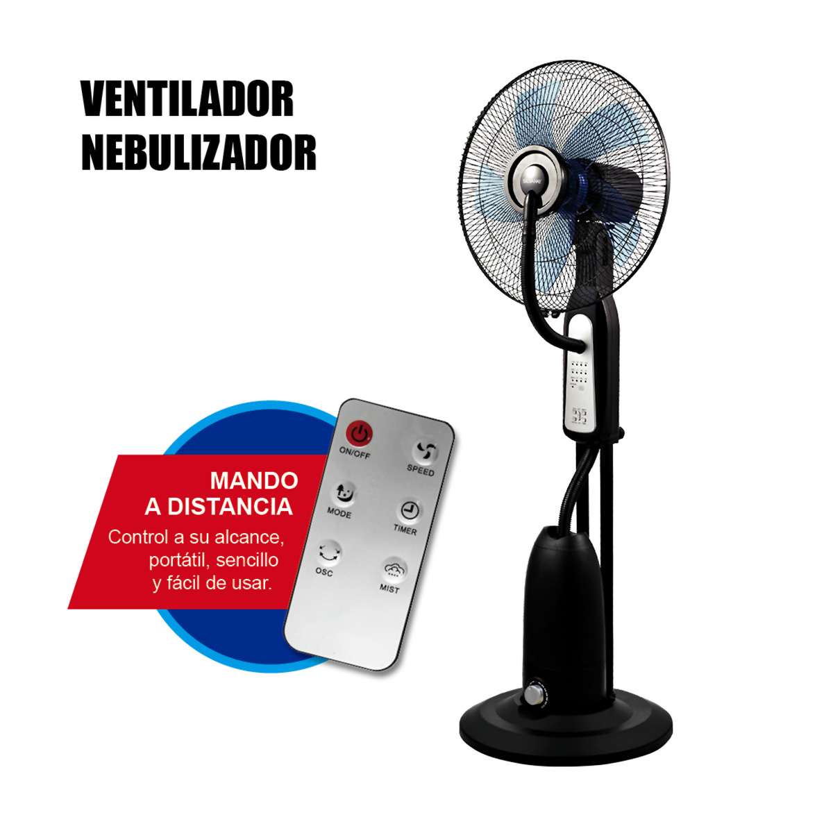 Ventilador Almalux® con Nebulizador y Mando a Distancia 90W, Ø40 cm, 120 cm, Oscilante y Temporizador