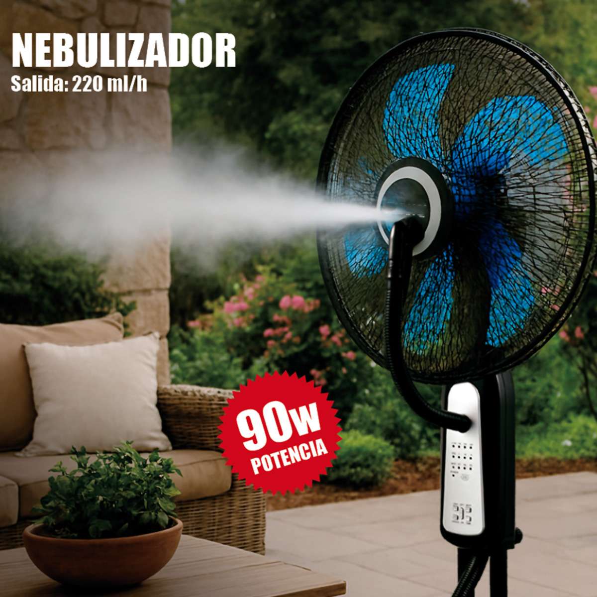 Ventilador Almalux® con Nebulizador y Mando a Distancia 90W, Ø40 cm, 120 cm, Oscilante y Temporizador