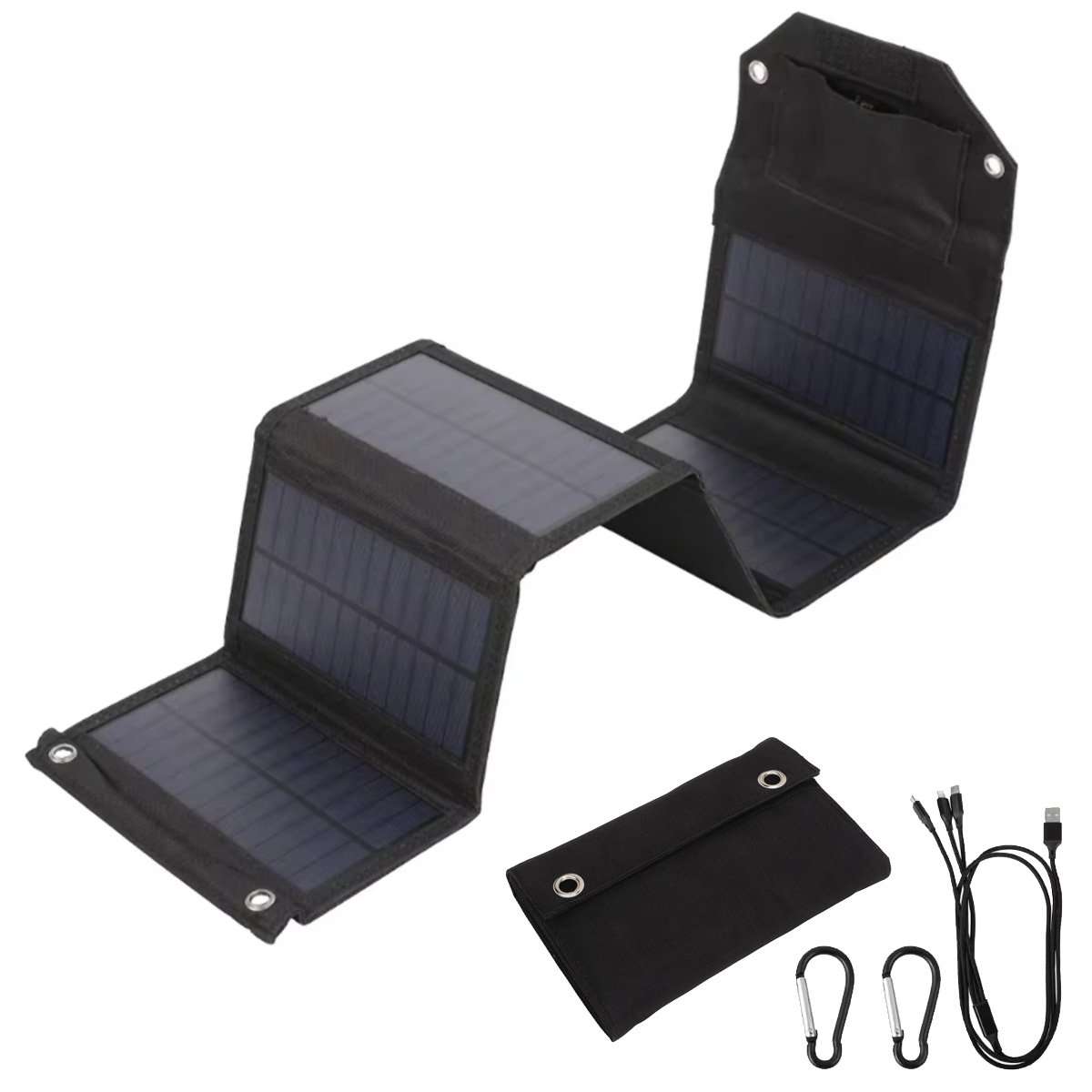 Panel Solar Portátil Almalux® Plegable 60W – 6 Paneles, 2 Salidas USB, Mosquetones y Cable 3 en 1 (Tipo-C, Lightning, MicroUSB)