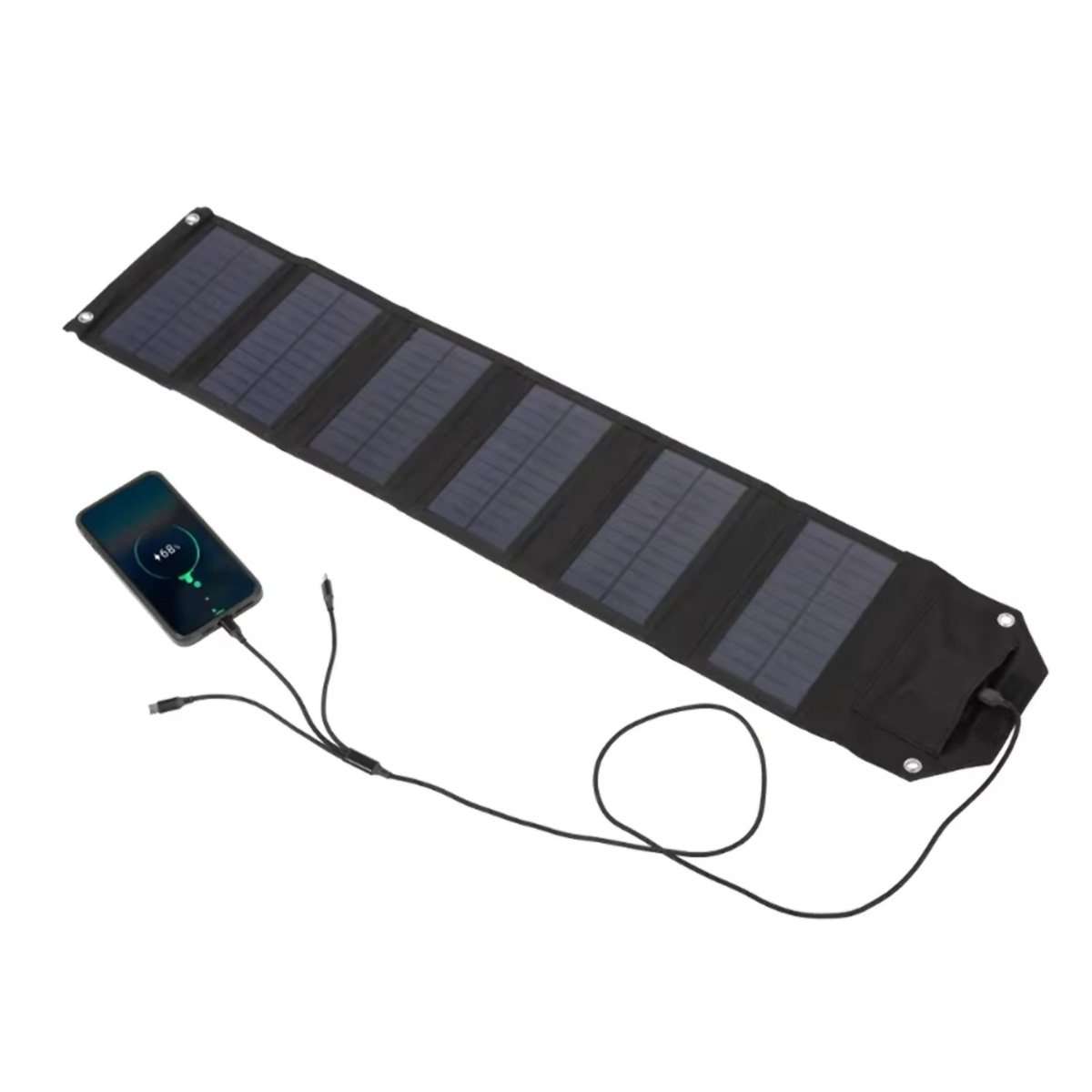 Panel Solar Portátil Almalux® Plegable 60W – 6 Paneles, 2 Salidas USB, Mosquetones y Cable 3 en 1 (Tipo-C, Lightning, MicroUSB)