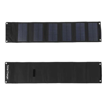 Panel Solar Portátil Almalux® Plegable 60W – 6 Paneles, 2 Salidas USB, Mosquetones y Cable 3 en 1 (Tipo-C, Lightning, MicroUSB)