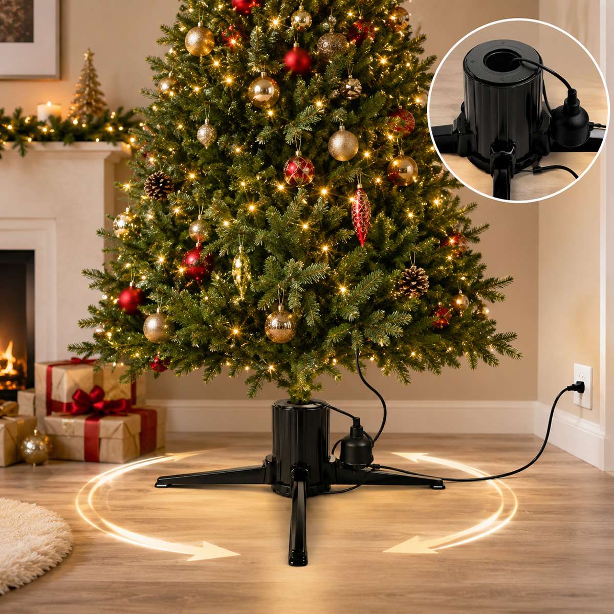 Soporte Giratorio Eléctrico 360° para Árbol de Navidad con Enchufe Integrado – Base Rotatoria Estable