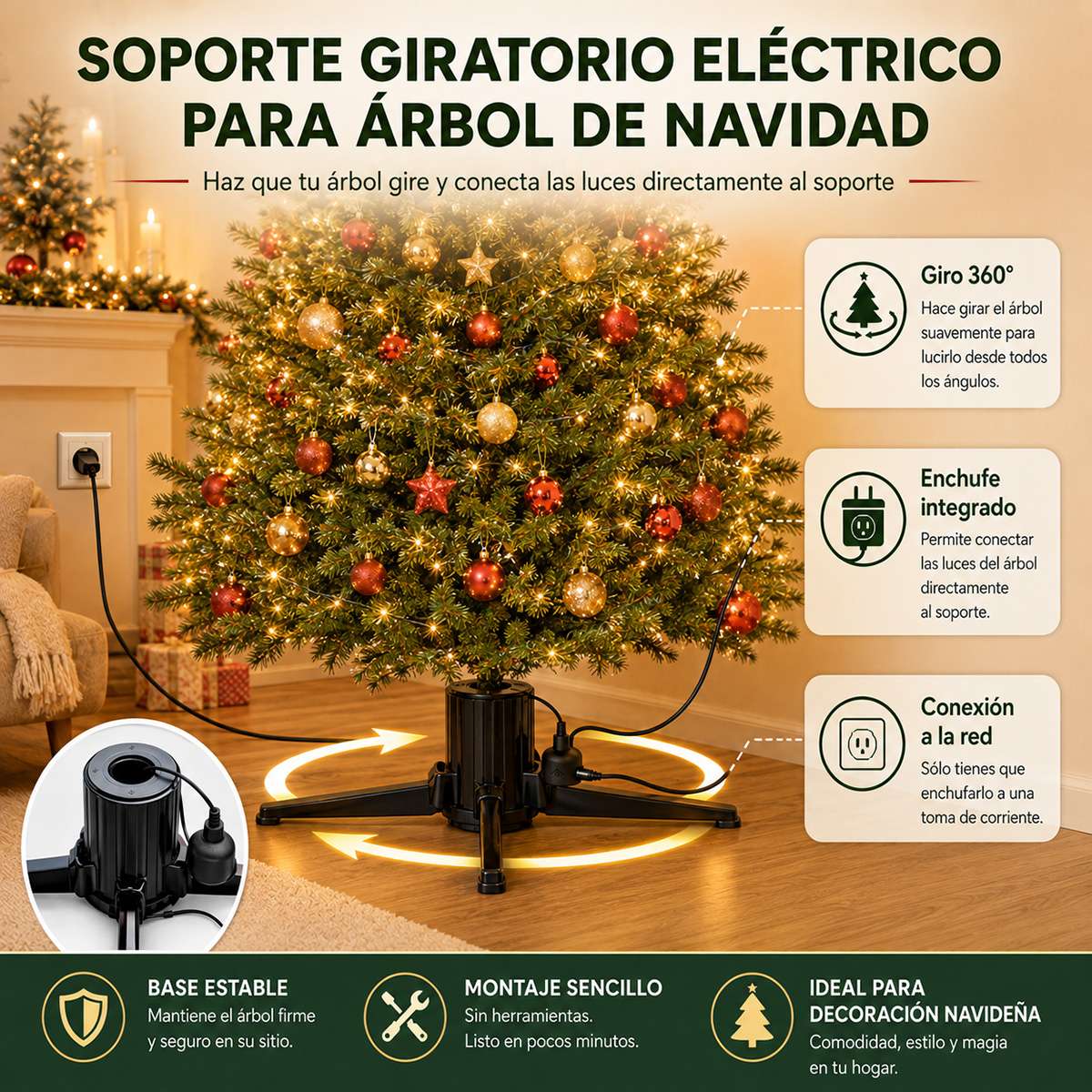 Soporte Giratorio Eléctrico 360° para Árbol de Navidad con Enchufe Integrado – Base Rotatoria Estable