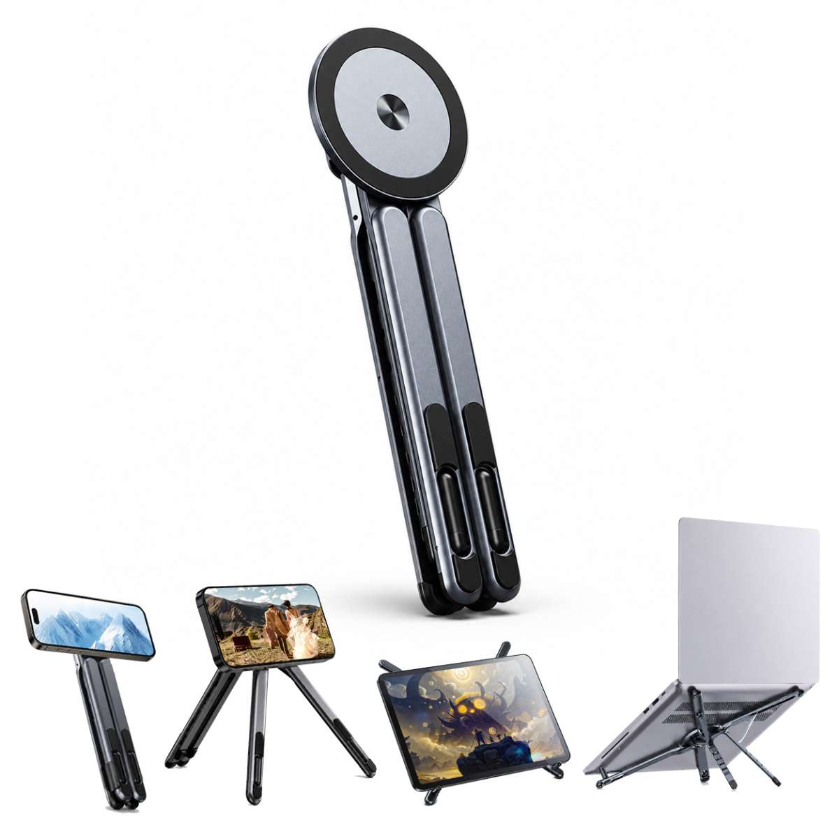 Soporte Magnético Almalux® Multifunción 4 en 1 para Portátil, Tablet y Móvil - Elevador Ergonomico de Aleación de Aluminio con 8 Niveles de Altura, Plegable y Ultra Portátil
