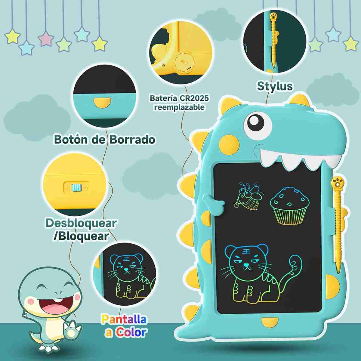 Tablet de dibujo ó escritura Almalux® borrable LCD ultrafina con forma de dinosaurio -  juguete educativo