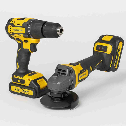 Set Profesional Almalux® 21V: Taladro Percutor + Amoladora Angular Brushless con Accesorios