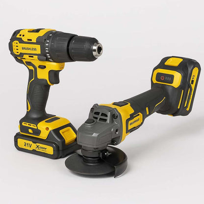 Set Profesional Almalux® 21V: Taladro Percutor + Amoladora Angular Brushless con Accesorios