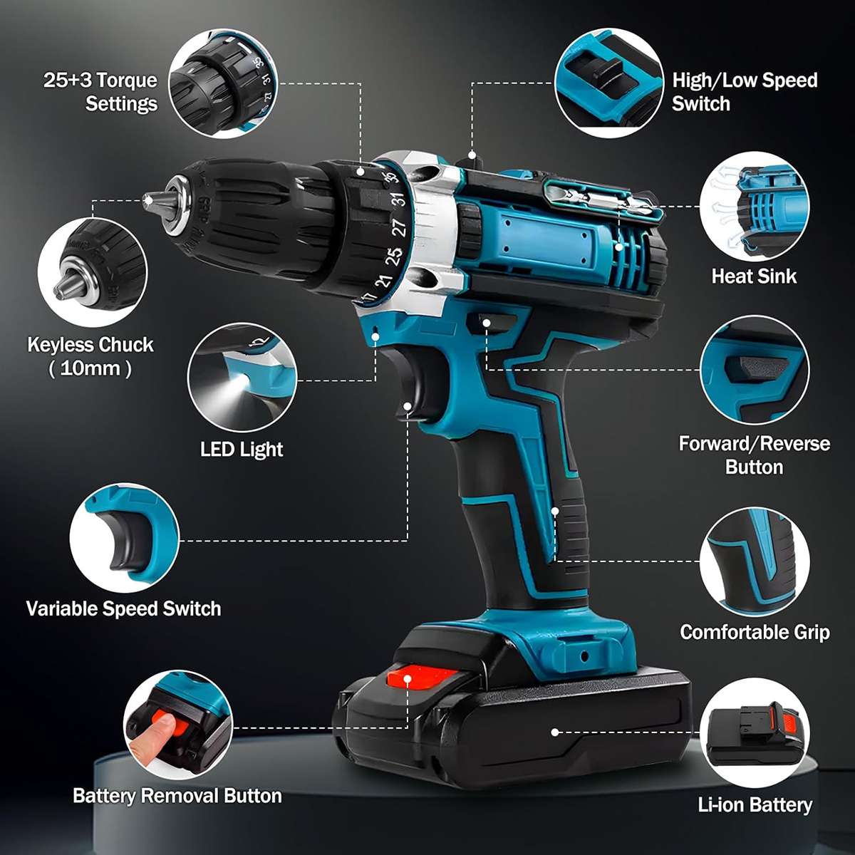 Taladro Atornillador Almalux® a Batería con Percusión, 2 Baterías y 25+3 Ajustes de Par