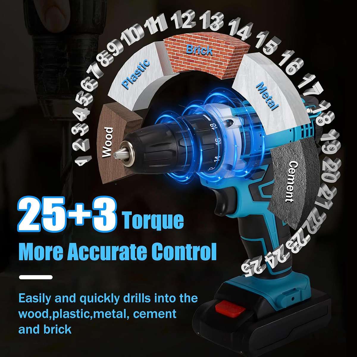 Taladro Atornillador Almalux® a Batería con Percusión, 2 Baterías y 25+3 Ajustes de Par