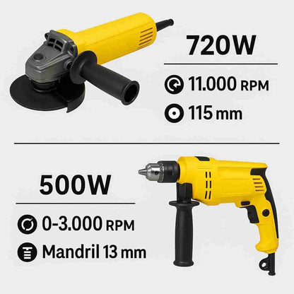 Set Profesional Amoladora Angular 720W + Taladro de Impacto 500W con Cable – Potencia y Precisión para Todo Tipo de Trabajos