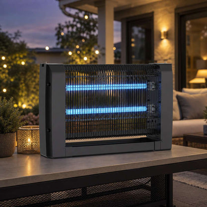 Lámpara UV Antimosquitos Almalux® con 2 Tubos LED, Descarga 2500V, Cadena para Colgar y Modelos de 30, 50 y 80 m²