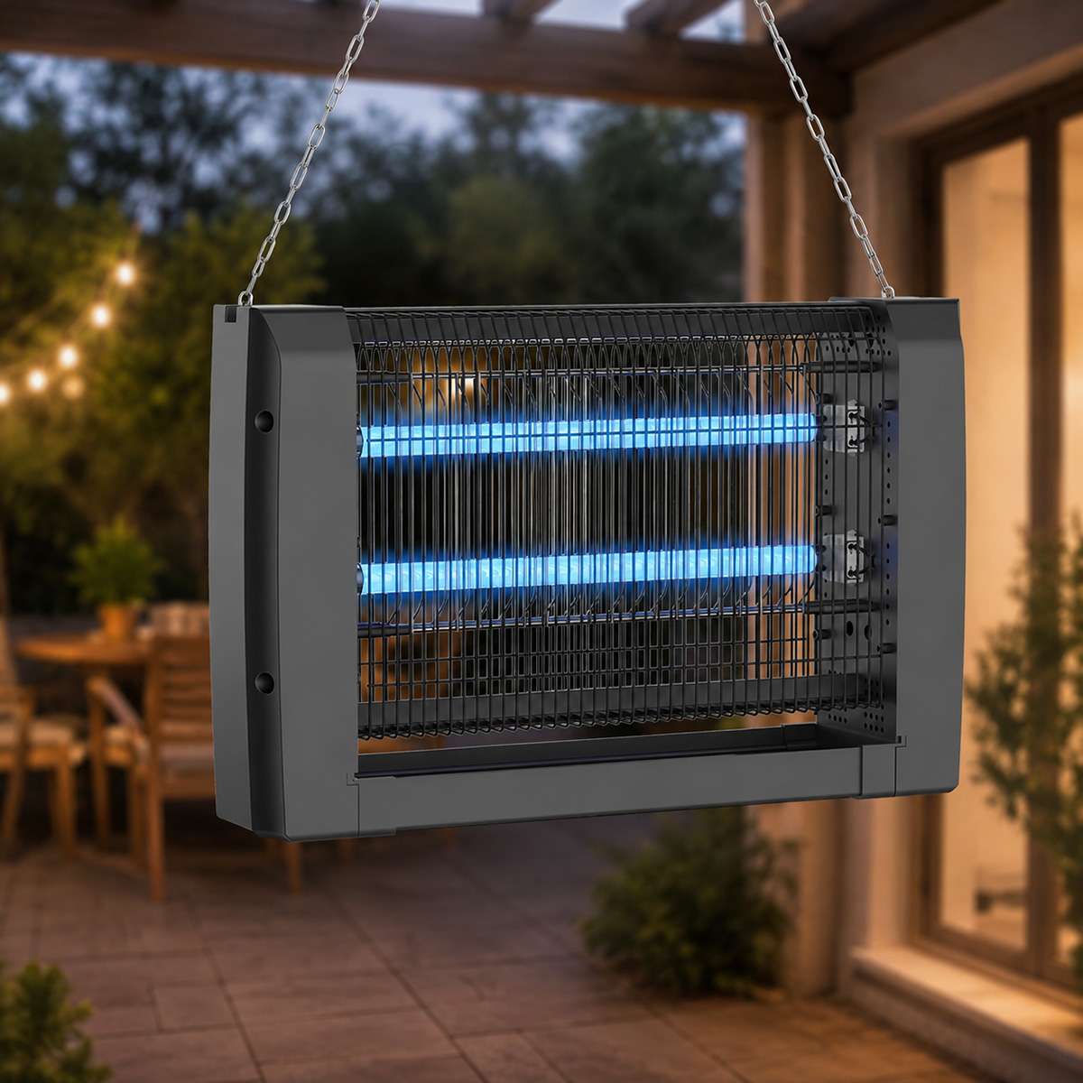 Lámpara UV Antimosquitos Almalux® con 2 Tubos LED, Descarga 2500V, Cadena para Colgar y Modelos de 30, 50 y 80 m²