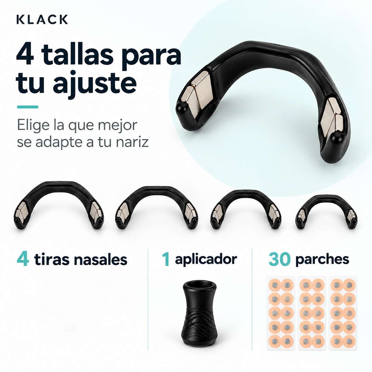 Tiras Nasales Magnéticas Almalux®, Dilatador Nasal Externo para Deporte y Descanso, 4 Tallas, 1 Aplicador y 30 Parches Adhesivos