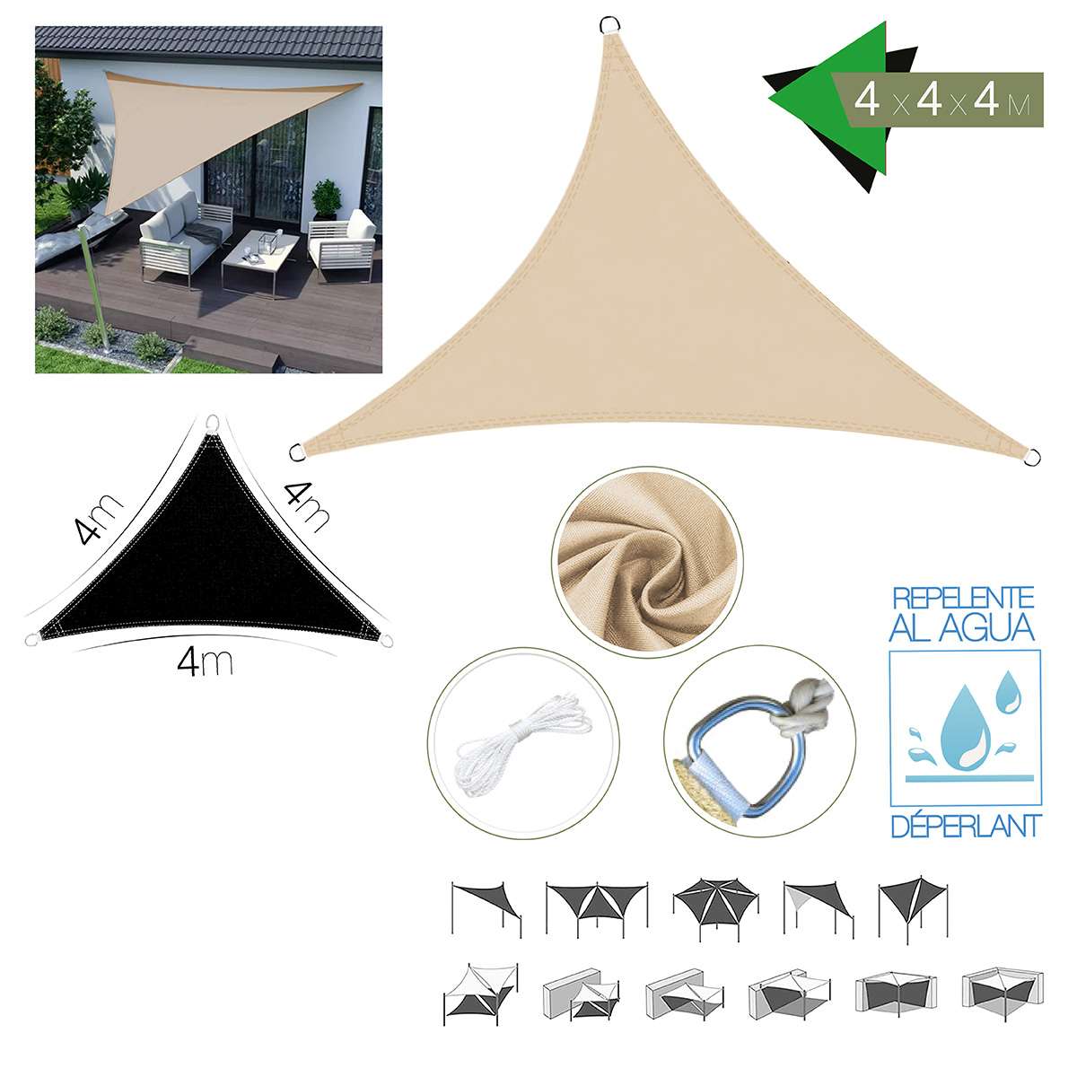 Toldo Vela Triangular Almalux® - Impermeable - Con Anillas integradas, cuerdas y Bolsa de almacenaje