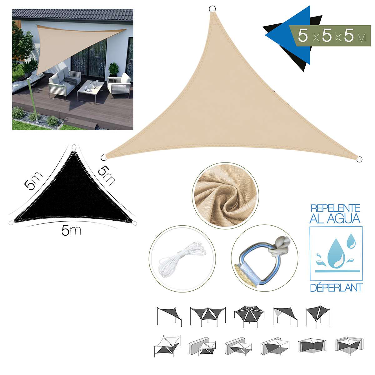 Toldo Vela Triangular Almalux® - Impermeable - Con Anillas integradas, cuerdas y Bolsa de almacenaje