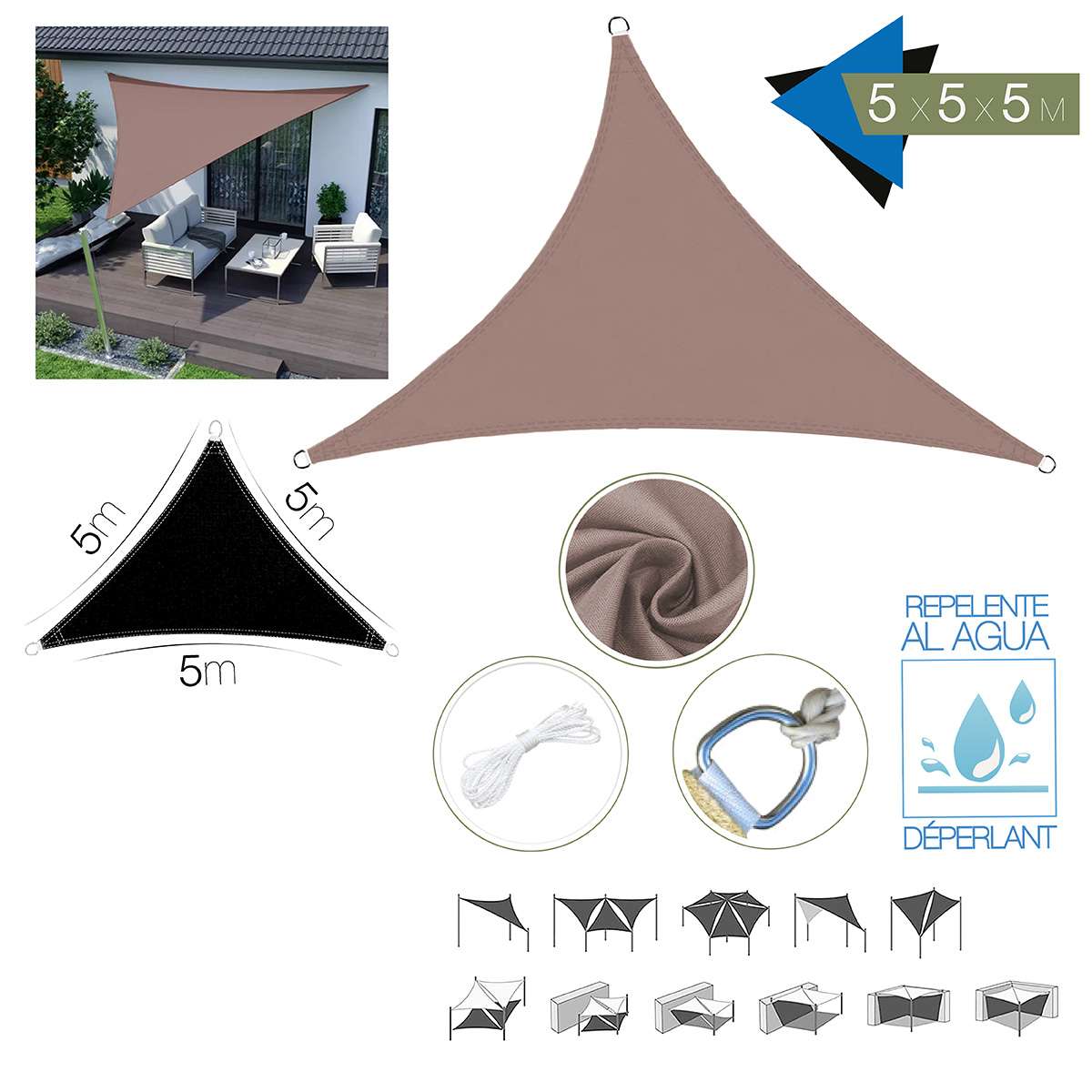 Toldo Vela Triangular Almalux® - Impermeable - Con Anillas integradas, cuerdas y Bolsa de almacenaje