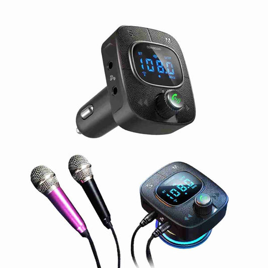 Transmisor FM/Cargador Almalux® con Bluetooth para coche con Karaoke -  USB -  pantalla digital y carga rápida QC 3.0 (Incluye 2 mini micrófonos)