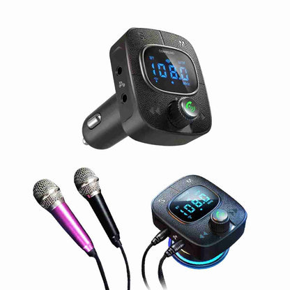 Transmisor FM/Cargador Almalux® con Bluetooth para coche con Karaoke -  USB -  pantalla digital y carga rápida QC 3.0 (Incluye 2 mini micrófonos)