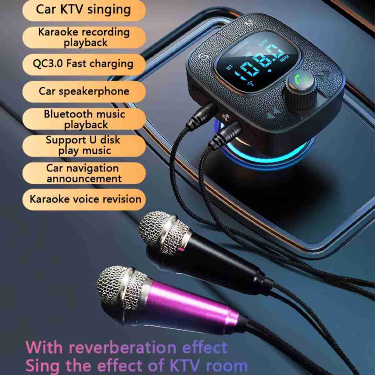 Transmisor FM/Cargador Almalux® con Bluetooth para coche con Karaoke -  USB -  pantalla digital y carga rápida QC 3.0 (Incluye 2 mini micrófonos)