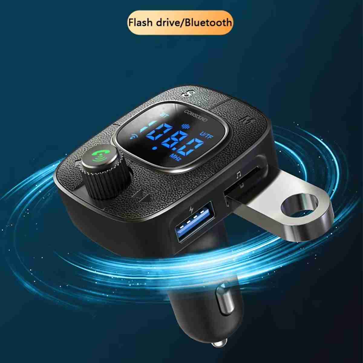 Transmisor FM/Cargador Almalux® con Bluetooth para coche con Karaoke -  USB -  pantalla digital y carga rápida QC 3.0 (Incluye 2 mini micrófonos)