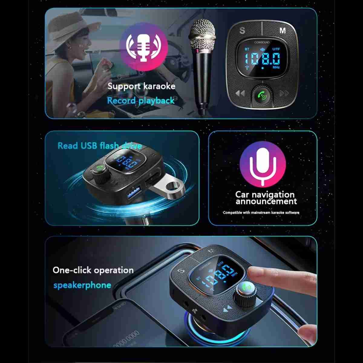 Transmisor FM/Cargador Almalux® con Bluetooth para coche con Karaoke -  USB -  pantalla digital y carga rápida QC 3.0 (Incluye 2 mini micrófonos)