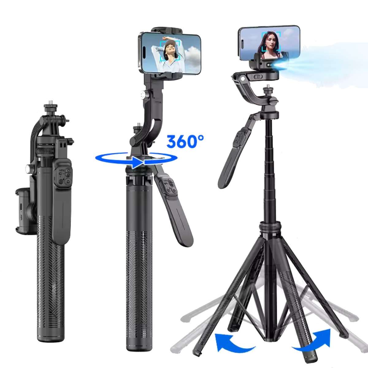 Trípode / Estabilizador de gimbal para smartphone Almalux® C16 AI con seguimiento automático de rostro, rotación de 360°, anti-vibración, trípode portátil y control remoto para vlog, YouTube, TikTok y transmisiones en vivo