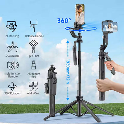 Trípode / Estabilizador de gimbal para smartphone Almalux® C16 AI con seguimiento automático de rostro, rotación de 360°, anti-vibración, trípode portátil y control remoto para vlog, YouTube, TikTok y transmisiones en vivo