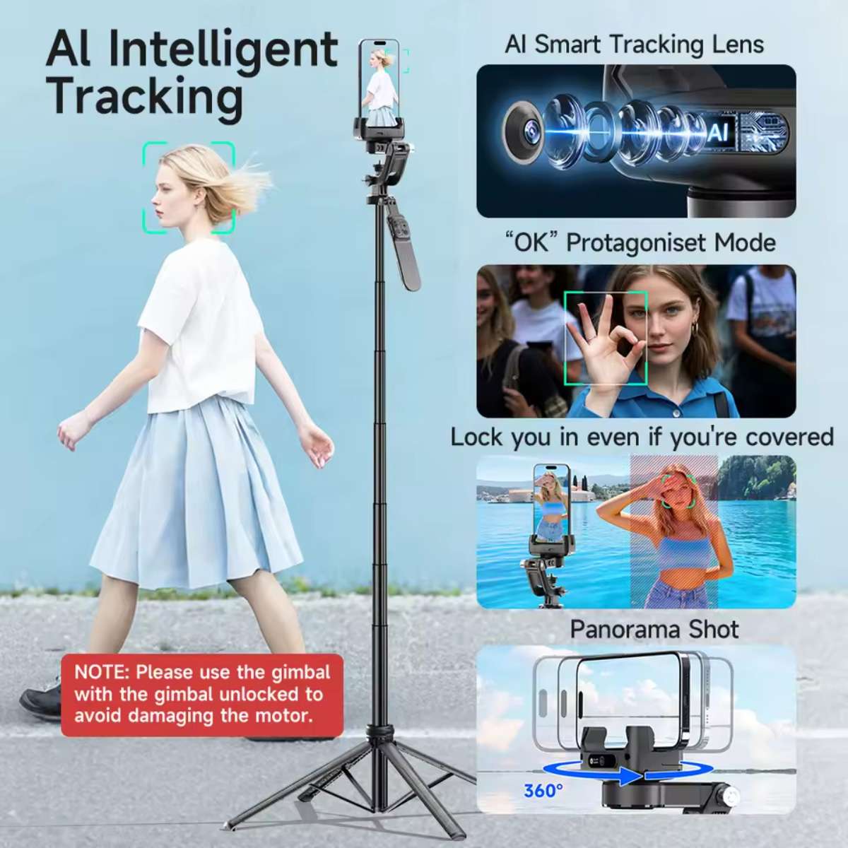 Trípode / Estabilizador de gimbal para smartphone Almalux® C16 AI con seguimiento automático de rostro, rotación de 360°, anti-vibración, trípode portátil y control remoto para vlog, YouTube, TikTok y transmisiones en vivo